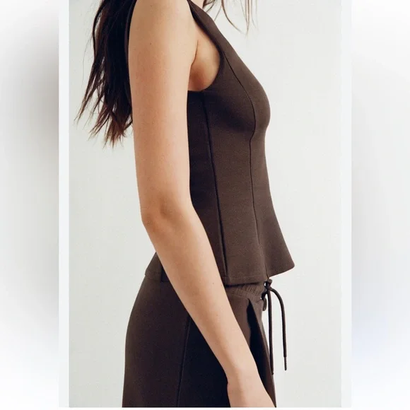 Zara Interlock Peplum Top & Pants Set Dark Brown Size Medium NWT - Picture 4 of 10